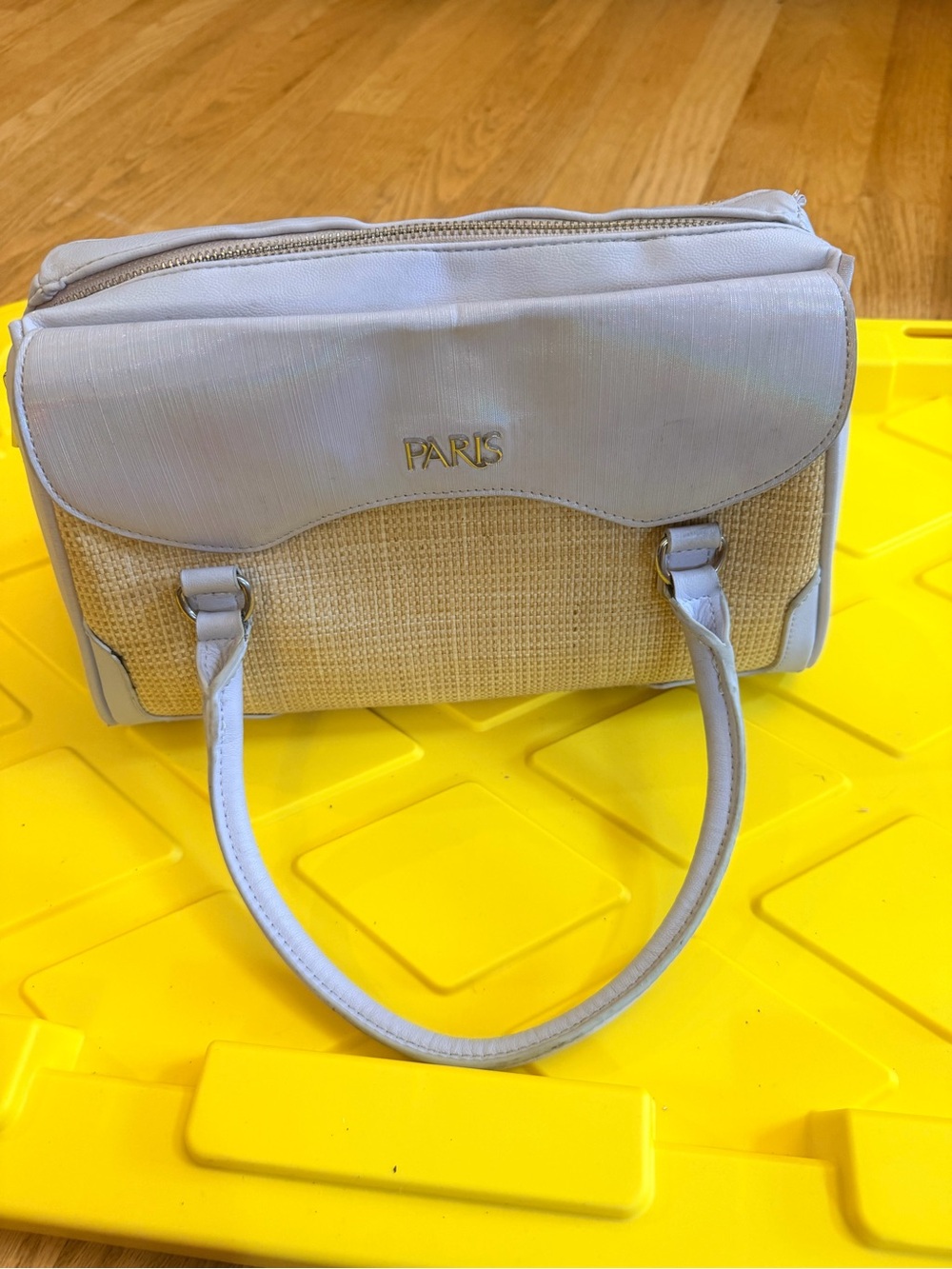 Ladies Mid Size "Paris Hilton" Blue Cream and Natural Woven Satchel Purse GUC